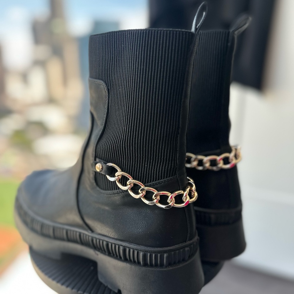 Women’s Black Platform Chelsea Boots with Gold Chain Accent